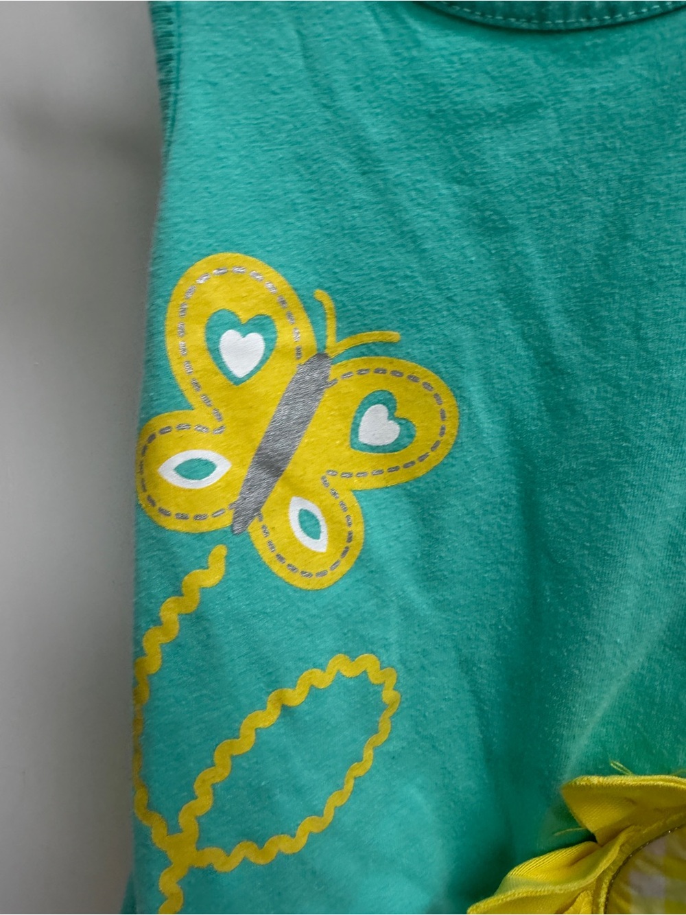 Kids Headquarters Girls 5 Teal Yellow Butterfly Sunflower Sleeveles Ruffle Dress - Picture 2 of 8